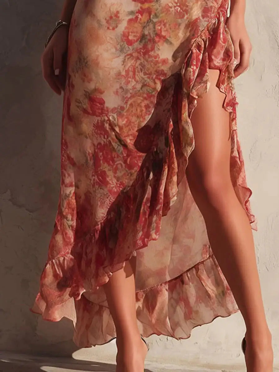 Robe Midi Fleurie à Volants Femme