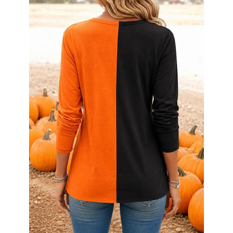 Top Halloween Imprimé Citrouille Manches Longues Femme
