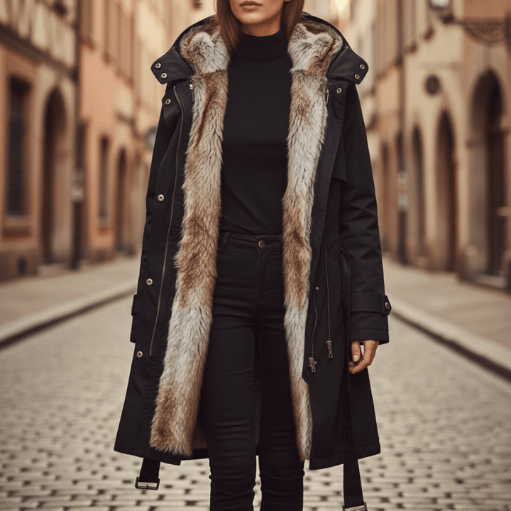 Parka Longue à Capuche Bordure Texturée Femme