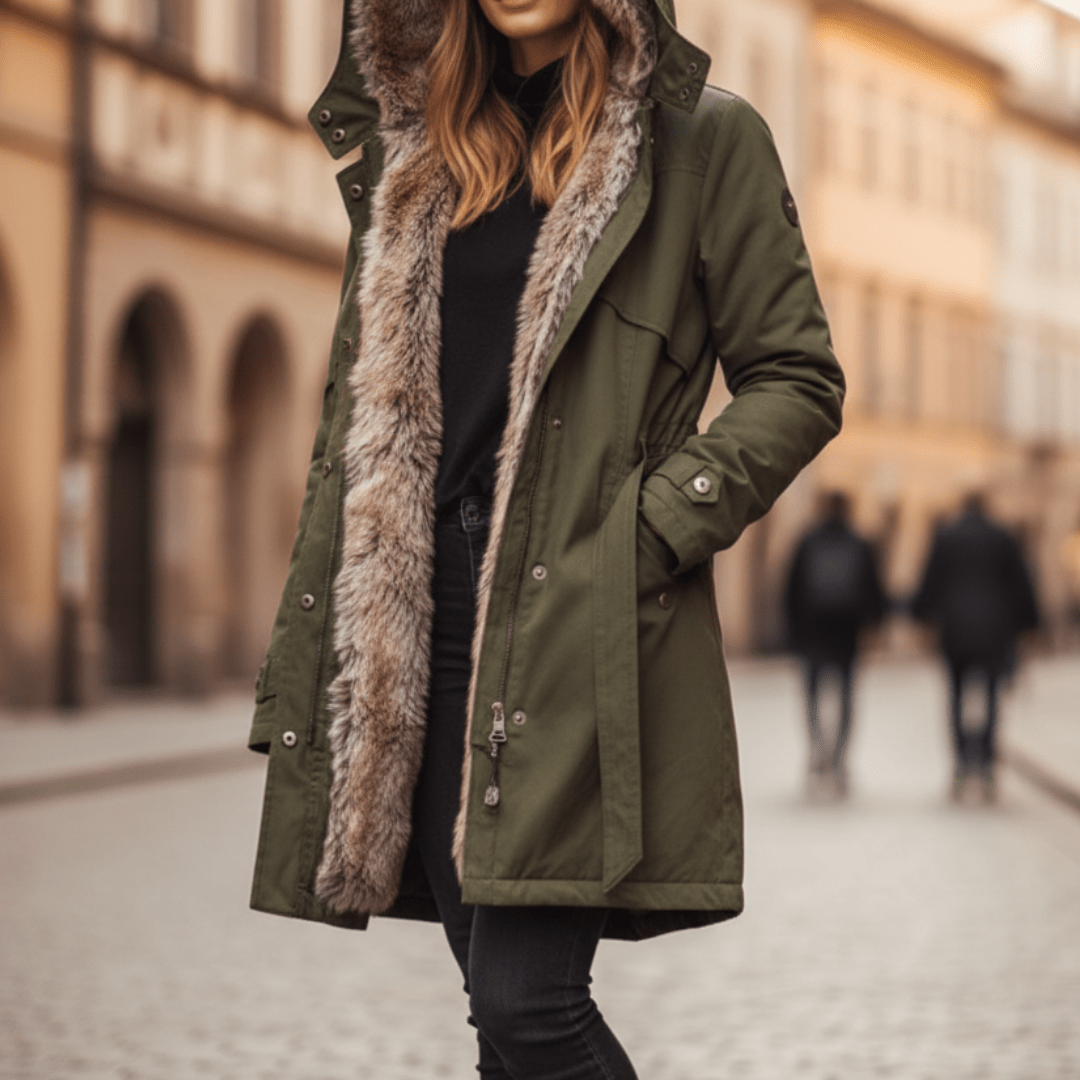 Parka Longue à Capuche Bordure Texturée Femme