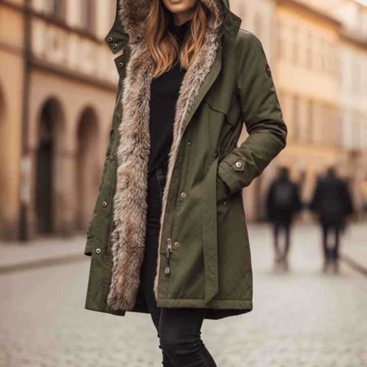 Parka Longue à Capuche Bordure Texturée Femme