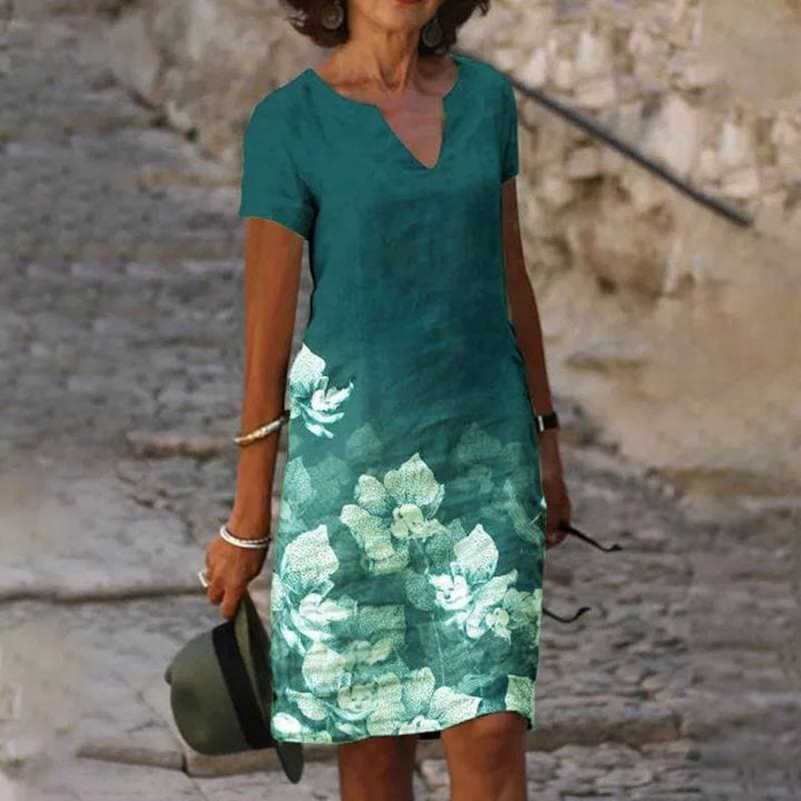 Robe Droite Fleurie à Manches Courtes Femme