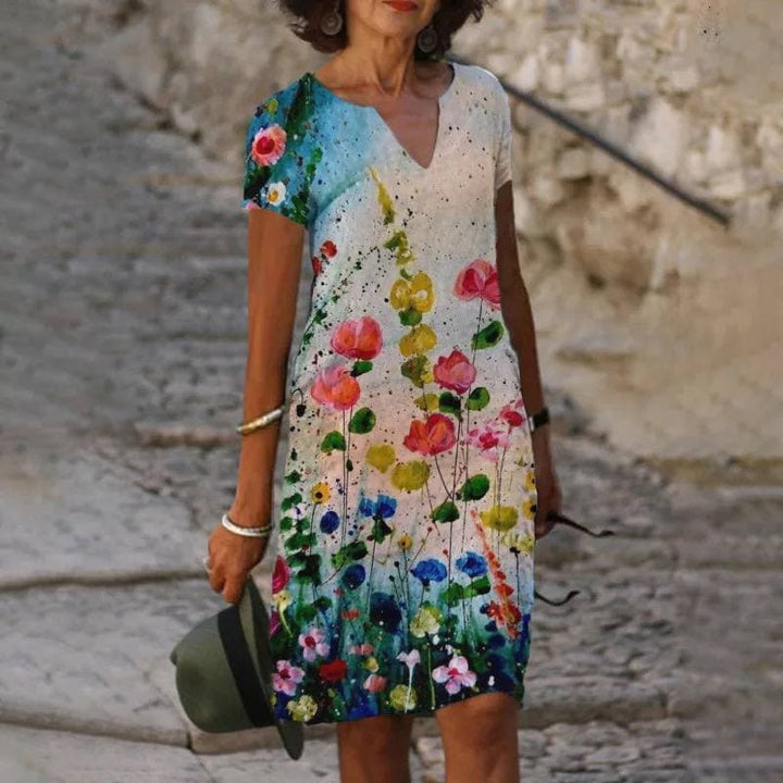 Robe Droite Fleurie à Manches Courtes Femme