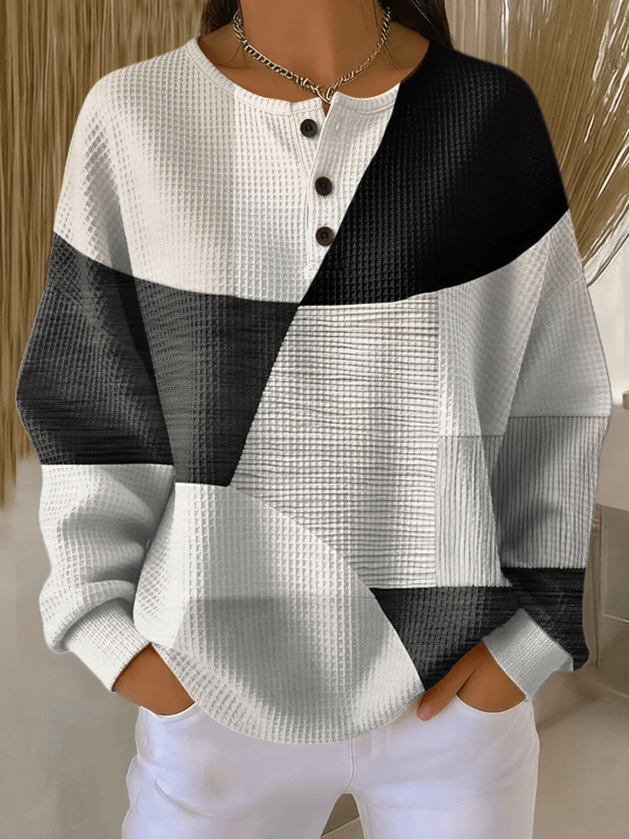 Pull à Empiècements Rayés et Boutons Femme