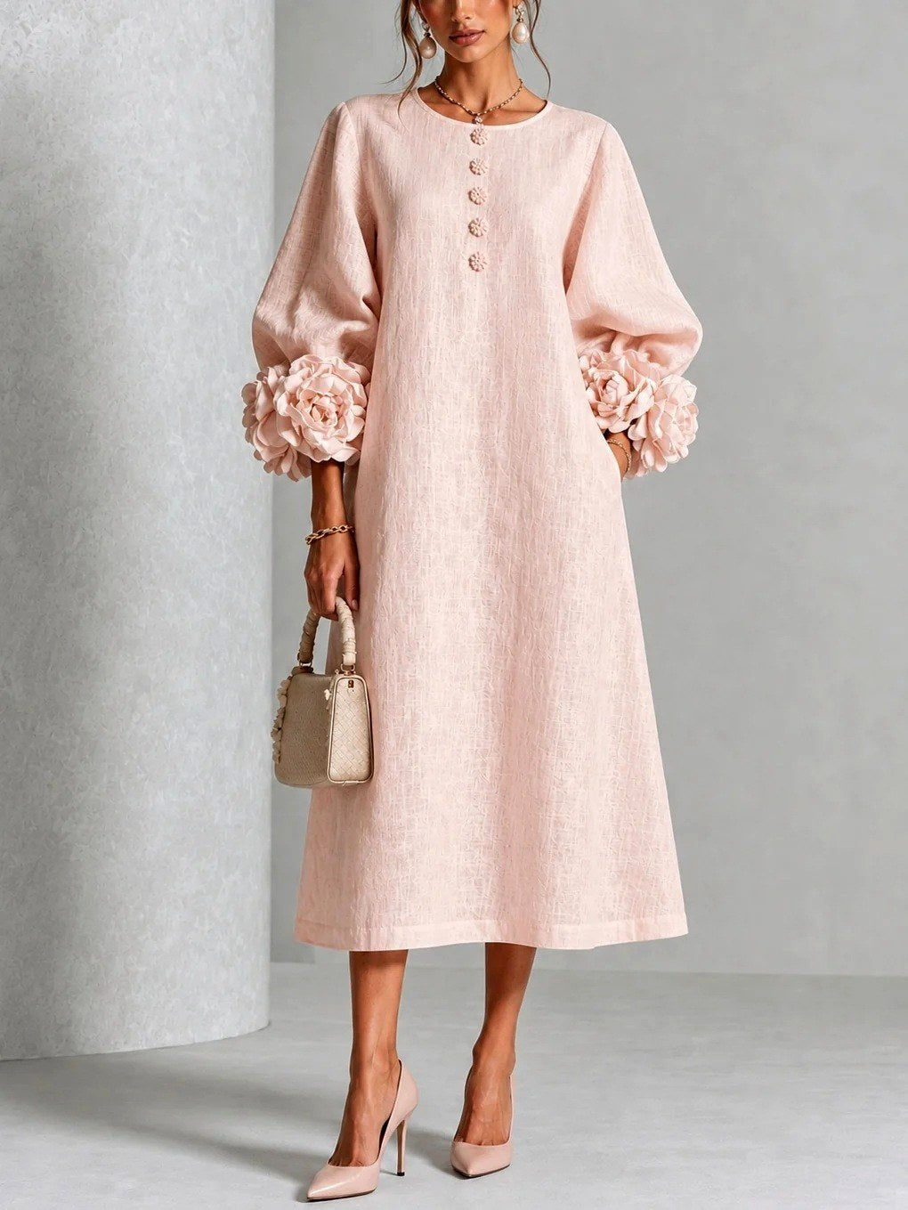 Robe Midi à Poignets Fleuris Femme