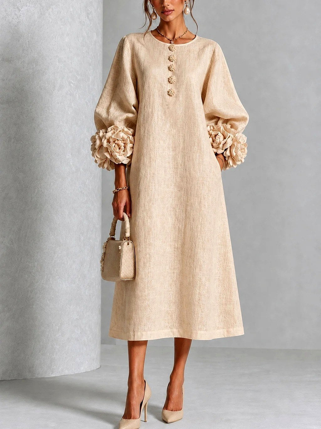 Robe Midi à Poignets Fleuris Femme