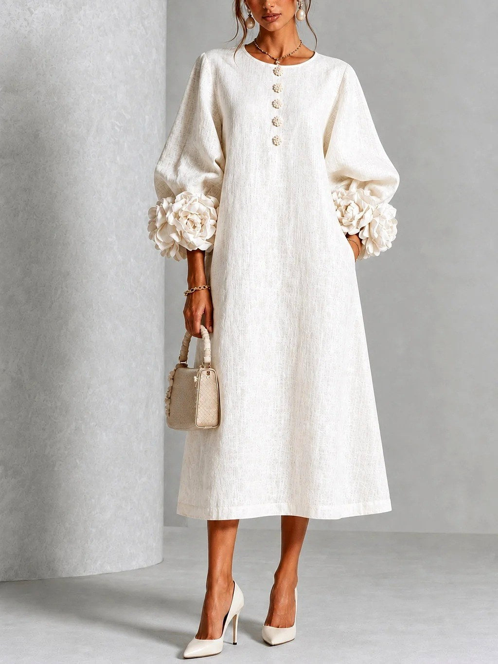 Robe Midi à Poignets Fleuris Femme