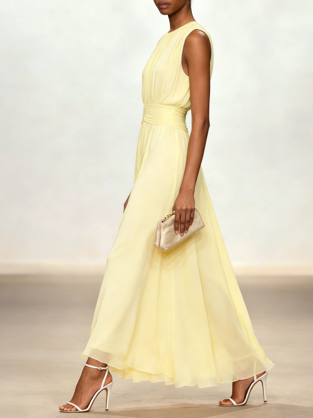 Robe Longue Sans Manches Taille Drapée Femme