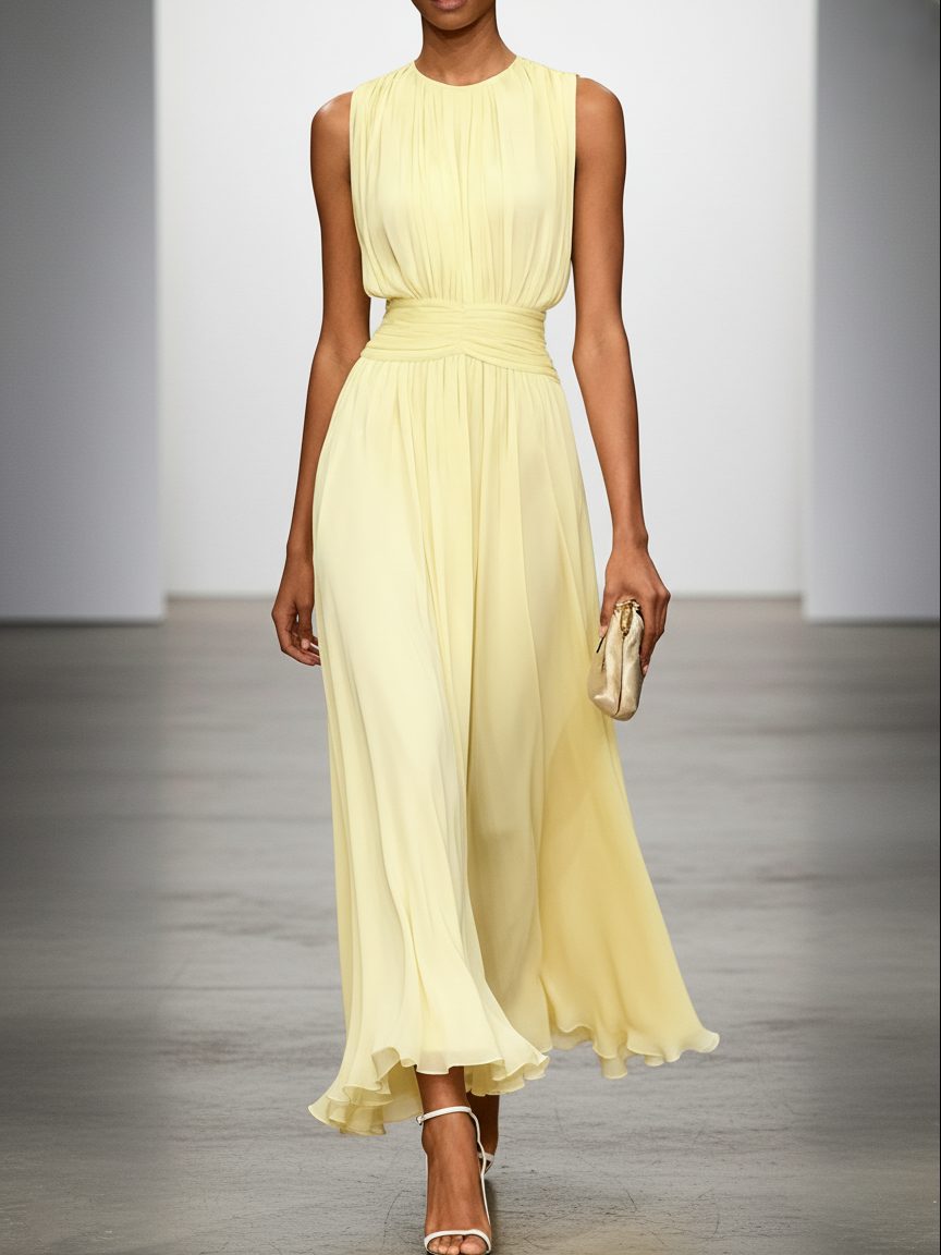 Robe Longue Sans Manches Taille Drapée Femme
