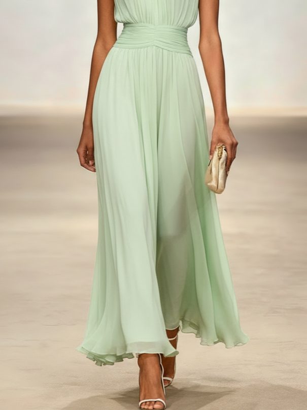 Robe Longue Sans Manches Taille Drapée Femme