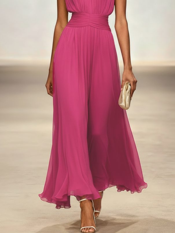 Robe Longue Sans Manches Taille Drapée Femme