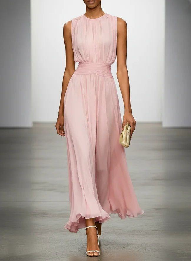 Robe Longue Sans Manches Taille Drapée Femme