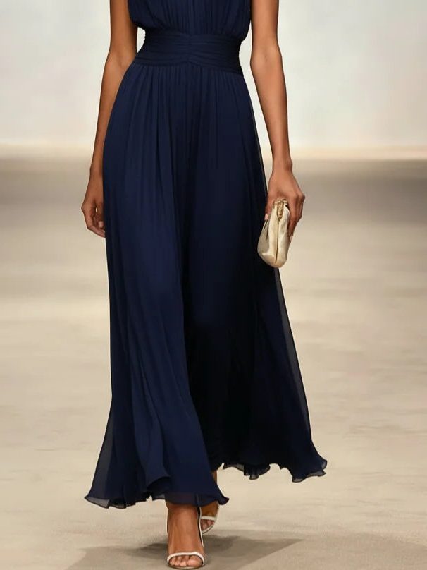 Robe Longue Sans Manches Taille Drapée Femme