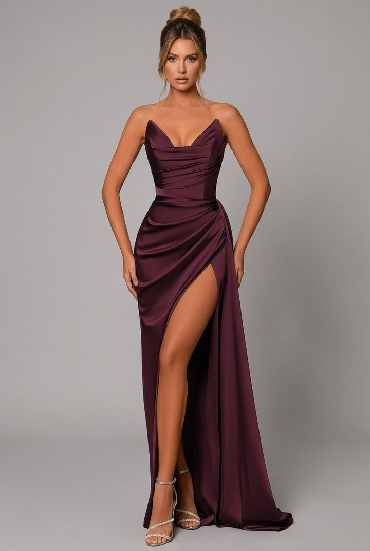 Robe Longue Drapée Fendue Sans Bretelles Femme