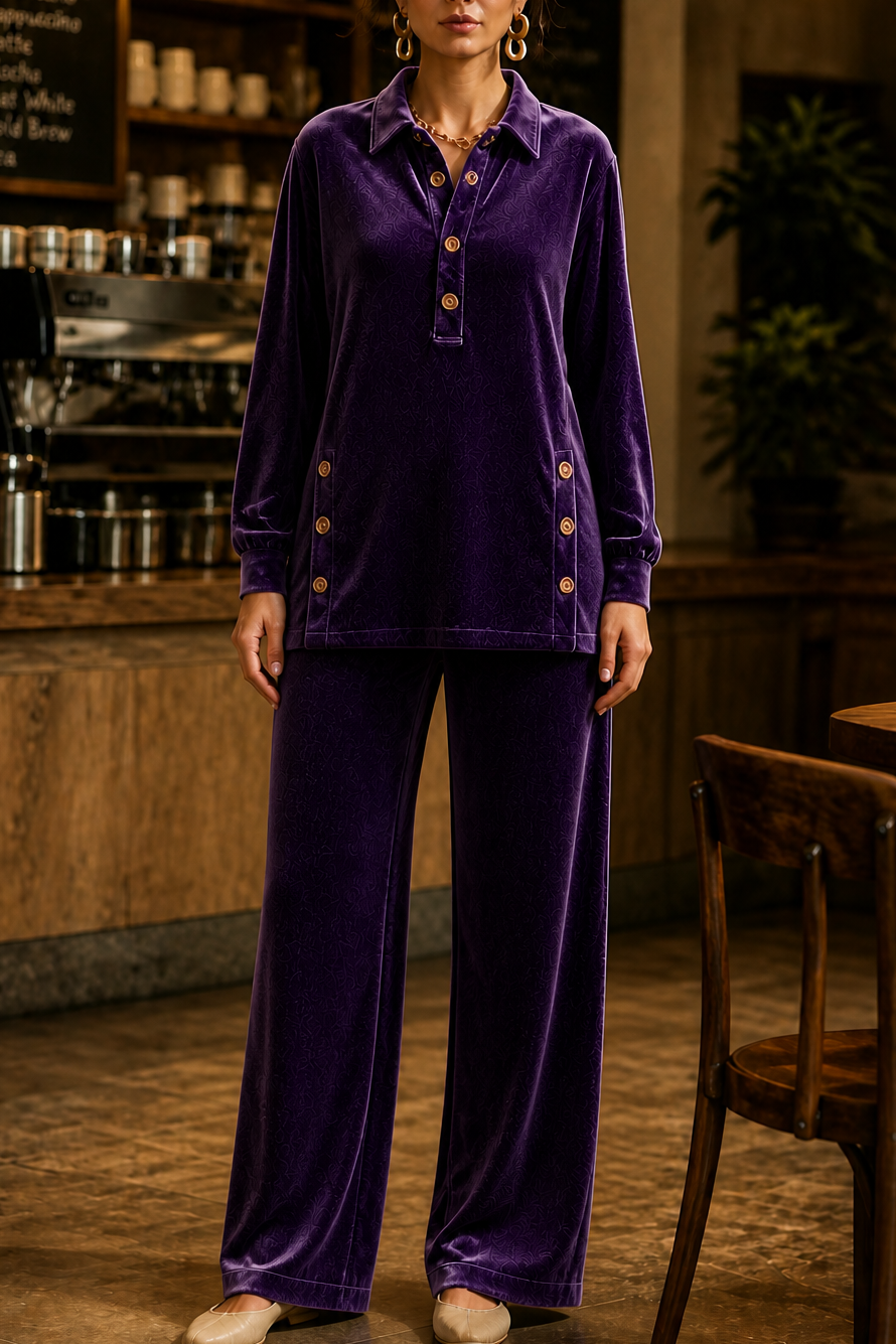 Ensemble 2 Pièces Haut À Col Chemise Et Pantalon Large Femme