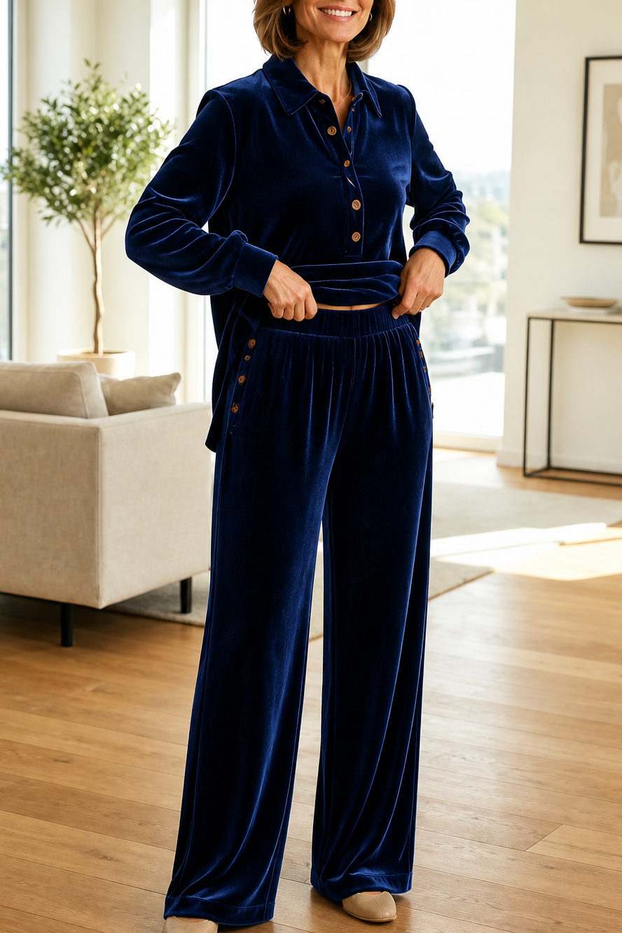 Ensemble 2 Pièces Haut À Col Chemise Et Pantalon Large Femme