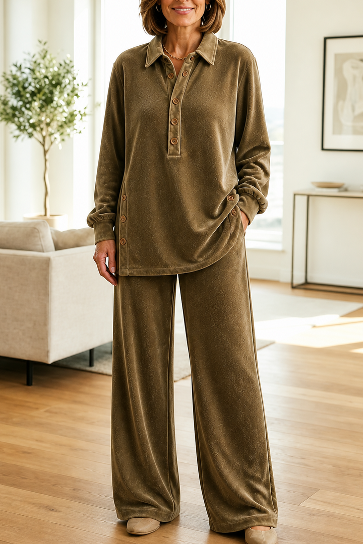 Ensemble 2 Pièces Haut À Col Chemise Et Pantalon Large Femme