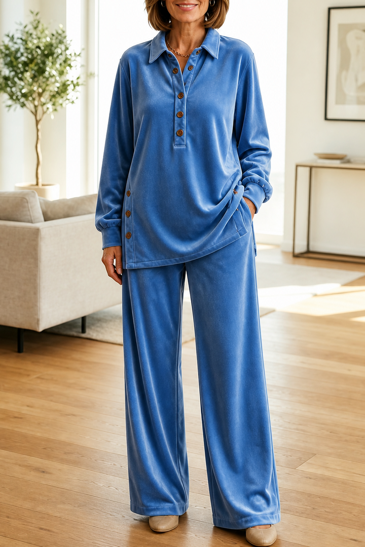 Ensemble 2 Pièces Haut À Col Chemise Et Pantalon Large Femme