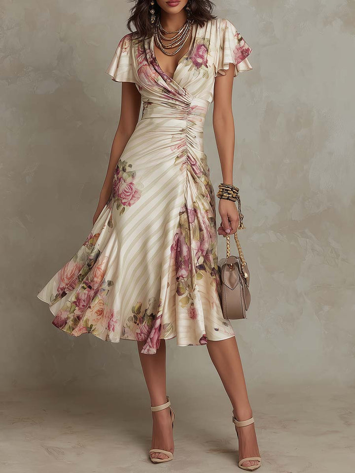 Robe Midi Fleurie Drapée Femme