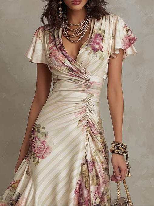 Robe Midi Fleurie Drapée Femme