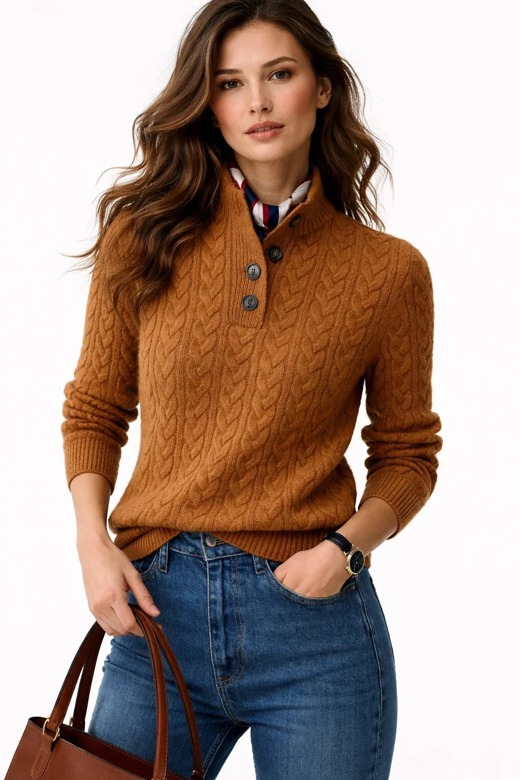 Pull en Maille Torsadée à Col Boutonné Femme