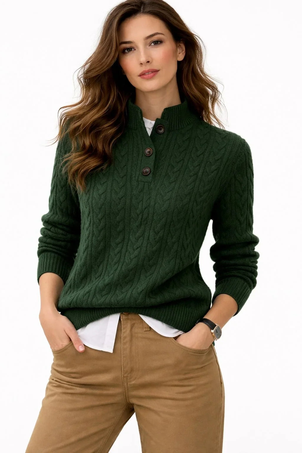 Pull en Maille Torsadée à Col Boutonné Femme