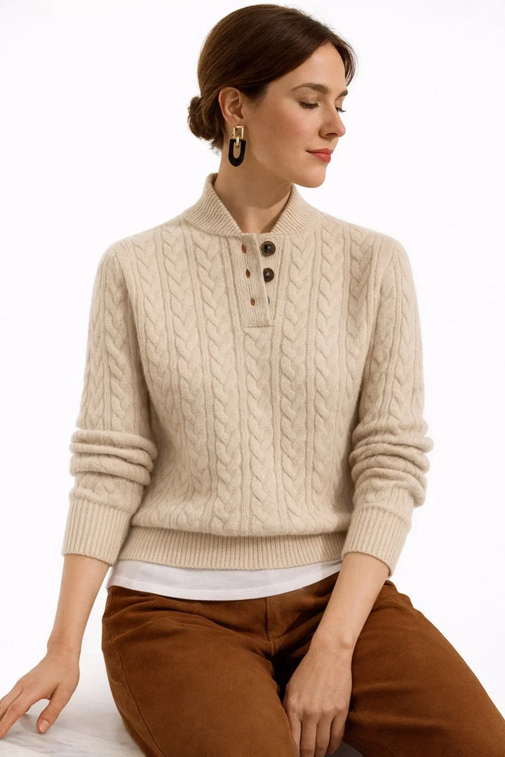 Pull en Maille Torsadée à Col Boutonné Femme
