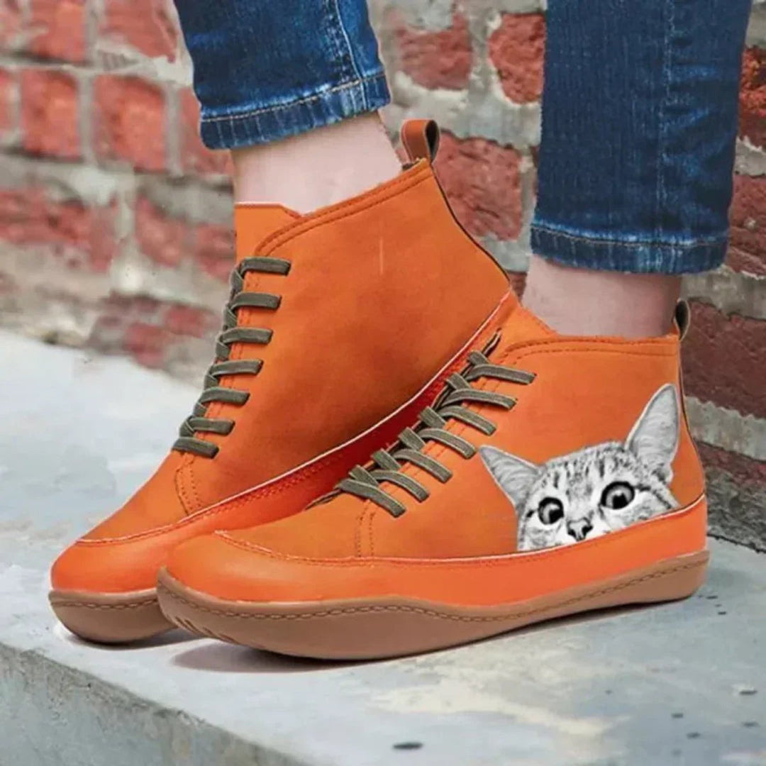 Bottines à Lacets Motif Chat Femme