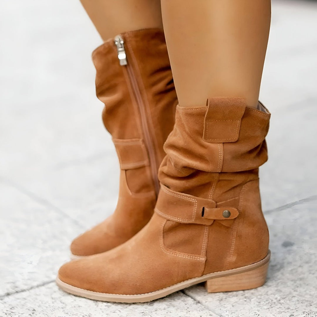 Bottes Mi-Mollet Plissées à Talon Bas Femme