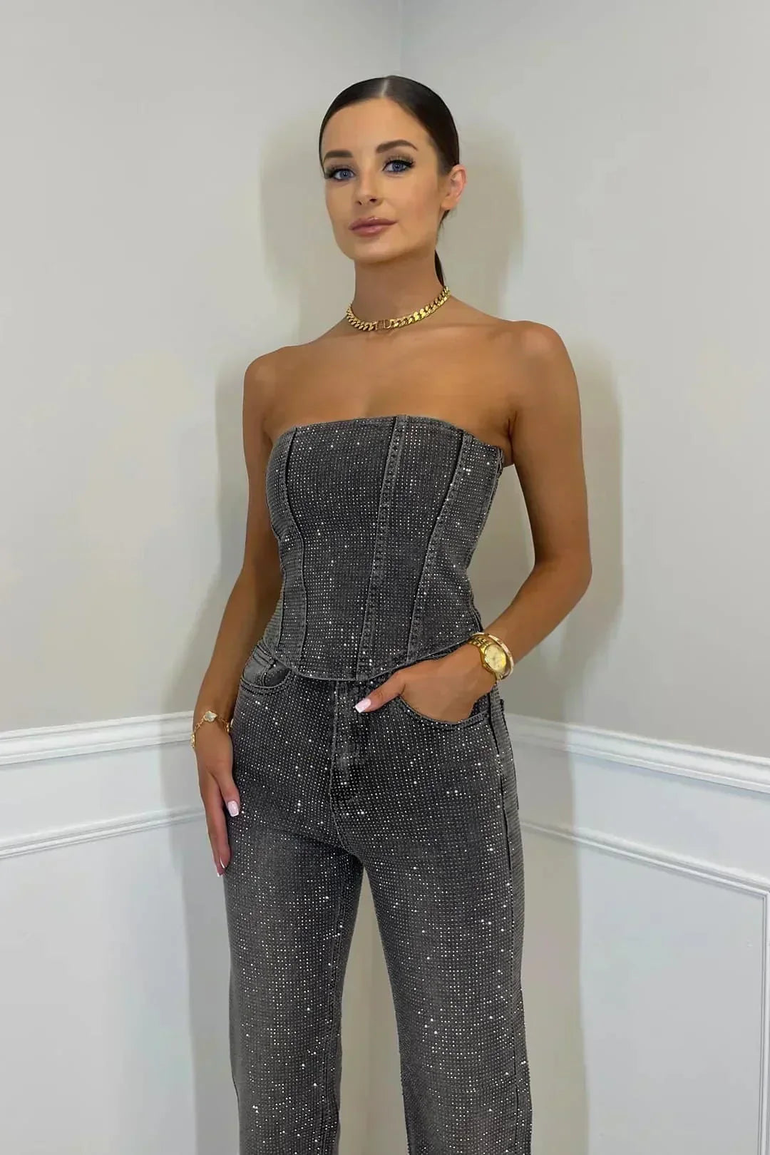 Combinaison Bustier à Sequins Femme
