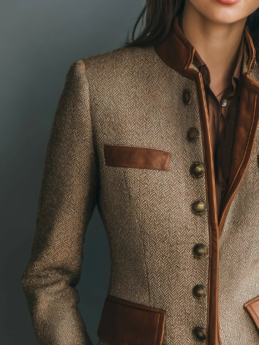 Blazer à Chevrons et Finitions Contrastantes Femme