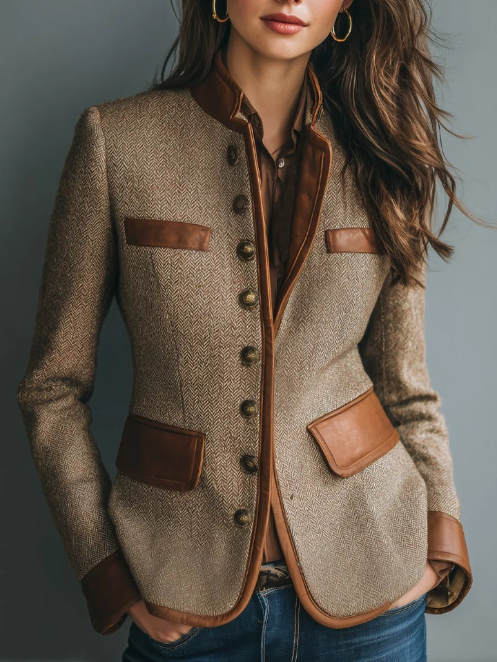 Blazer à Chevrons et Finitions Contrastantes Femme