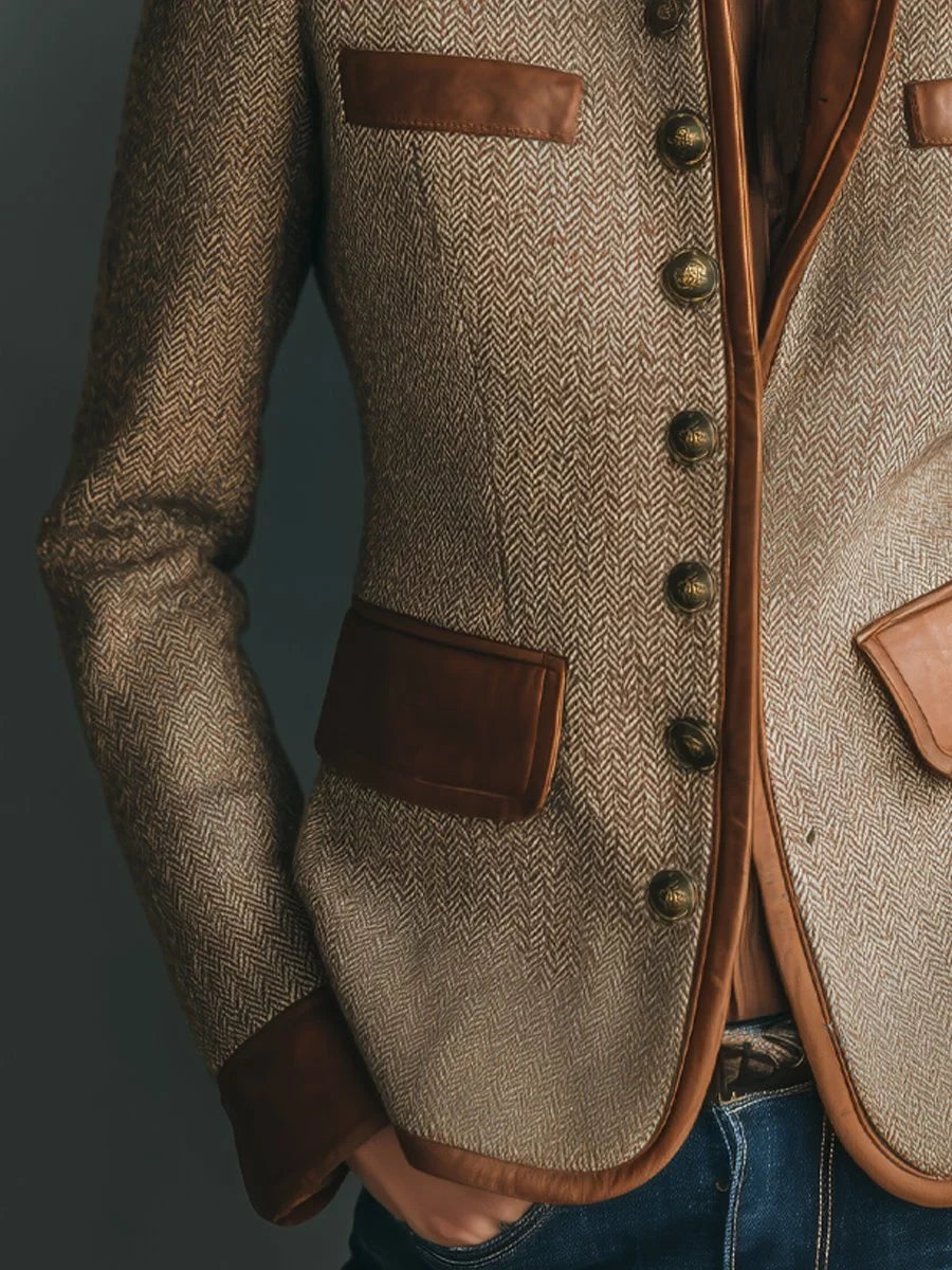 Blazer à Chevrons et Finitions Contrastantes Femme