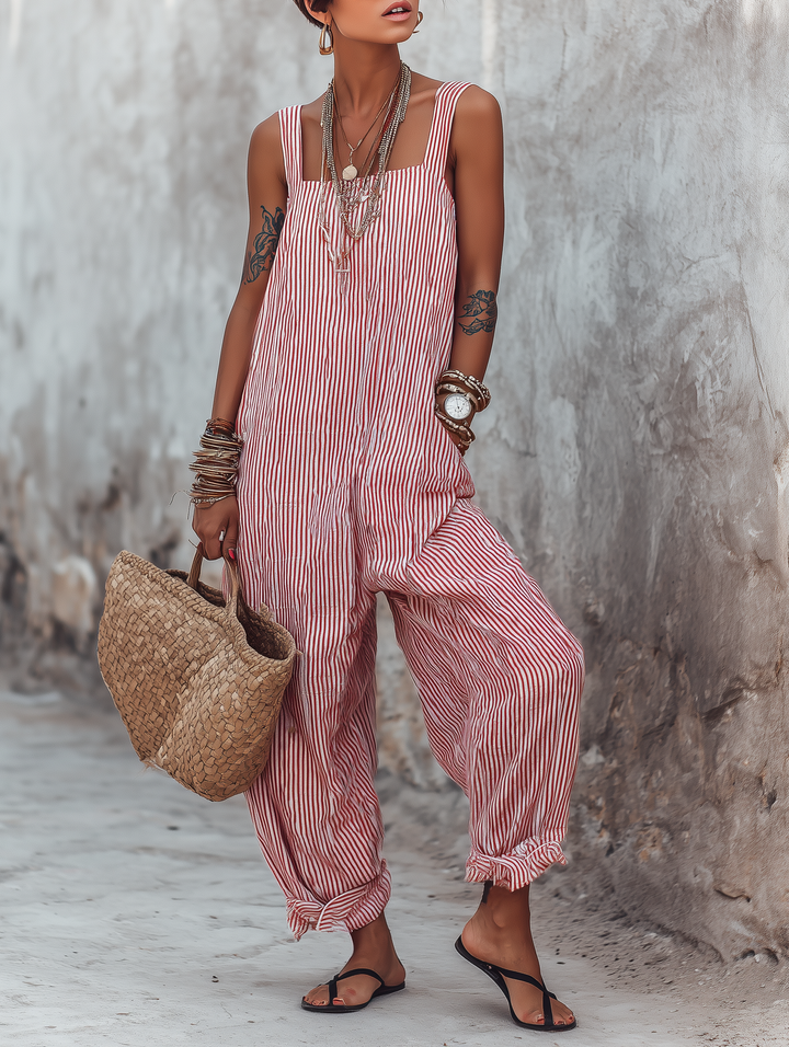 Combinaison Rayée Ample à Bretelles Femme